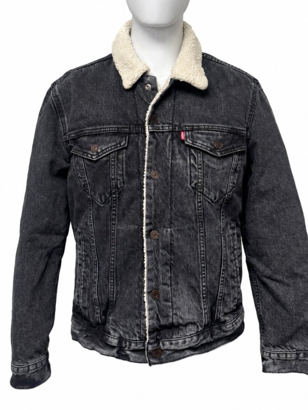 Levi's Black Sherpa-Lined Denim Trucker Jacket - Medium